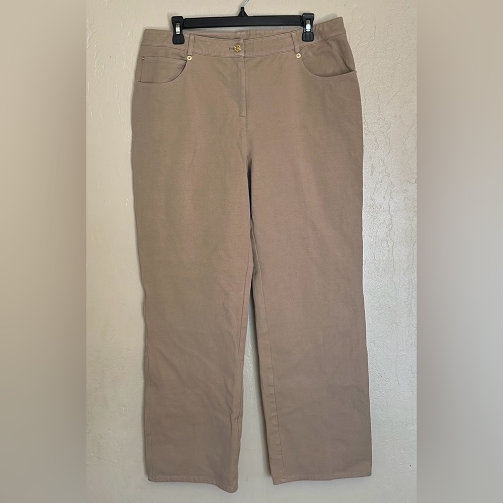 St. John Khaki Trouser Dress Pants Yellow Label Gold Accents size 12